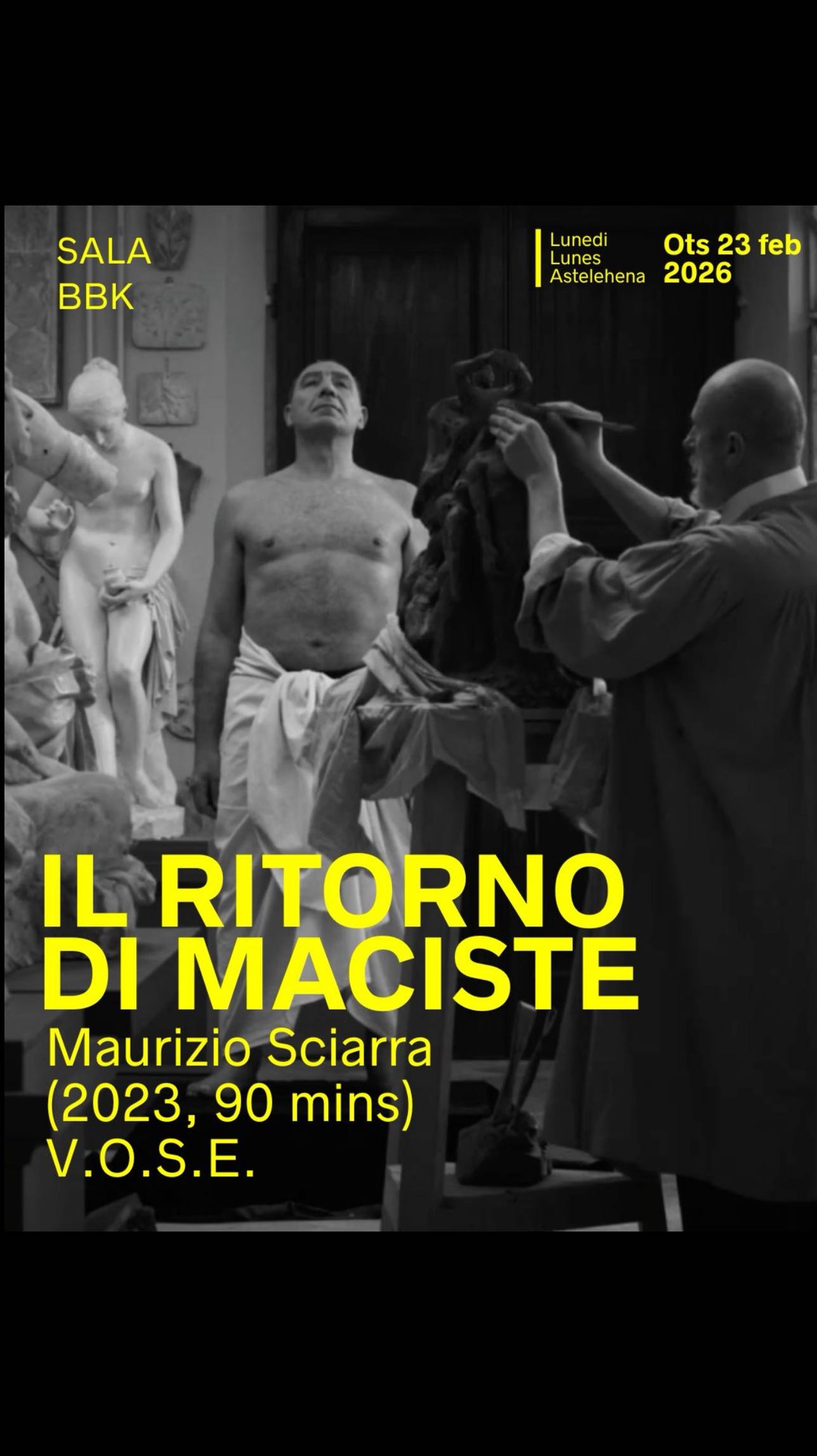 🇪🇸Zinecittà presenta 𝐈𝐥 𝐑𝐢𝐭𝐨𝐫𝐧𝐨 𝐝𝐢 𝐌𝐚𝐜𝐢𝐬𝐭𝐞, una proyección especial dedicada al primer superhéroe del cine italiano. 
Recorriendo la época dorada en la que el cine italiano lideraba el panorama cinematográfico mundial, analizando su imaginario, su influencia y su legado cultural.
Tras la proyección, tendrá lugar un coloquio con 𝐆𝐢𝐮𝐬𝐞𝐩𝐩𝐞 𝐀𝐛𝐛𝐚𝐠𝐧𝐚𝐥𝐞 y 𝐒𝐭𝐞𝐯𝐞 𝐃𝐞𝐥𝐥𝐚 𝐂𝐚𝐬𝐚, 𝐌𝐚𝐮𝐫𝐢𝐳𝐢𝐨 𝐒𝐜𝐢𝐚𝐫𝐫𝐚 y el director de 𝐙𝐢𝐧𝐞𝐛𝐢, 𝐉𝐨𝐬𝐞𝐛𝐚 𝐋ó𝐩𝐞𝐳𝐨𝐫𝐭𝐞𝐠𝐚.
Un evento organizado en colaboración con 𝐑𝐞𝐠𝐢𝐨𝐧𝐞 𝐋𝐢𝐠𝐮𝐫𝐢𝐚 y 𝐑𝐞𝐠𝐚𝐭𝐚 𝐂𝐮𝐥𝐭𝐮𝐫𝐚𝐥𝐞.
📆 23 de febrero · 19:00h
📍 Sala BBK 
🎟️ Acceso gratuito · V.O.S.E.  🇮🇹Zinecittà presenta 𝐈𝐥 𝐑𝐢𝐭𝐨𝐫𝐧𝐨 𝐝𝐢 𝐌𝐚𝐜𝐢𝐬𝐭𝐞, una proiezione speciale dedicata al primo supereroe del cinema italiano.
Esplorando l’età dell’oro in cui il cinema italiano guidava il panorama cinematografico mondiale, esplorandone l’eredità culturale.
Dopo la proiezione si terrà un incontro con @giuseppe.abbagnale , @steve_dellacasa , il regista @mausciarra e il direttore di @zinebifilmfest , @lopezortegaj 
Evento organizzato in collaborazione con 𝐑𝐞𝐠𝐢𝐨𝐧𝐞 𝐋𝐢𝐠𝐮𝐫𝐢𝐚 e 𝐑𝐞𝐠𝐚𝐭𝐚 𝐂𝐮𝐥𝐭𝐮𝐫𝐚𝐥𝐞.
📆 23 febbraio · 19:00h
📍 Sala BBK
🎟️ Ingresso gratuito · V.O.S.E. 
EUS- 🎬Zinecittàk 𝐈𝐥 𝐑𝐢𝐭𝐨𝐫𝐧𝐨 𝐝𝐢 𝐌𝐚𝐜𝐢𝐬𝐭𝐞 filmaren emanaldia aurkezten du, zinema italiarreko lehen superheroiari eskainitako proposamena.
Emanaldiaren ondoren, solasaldia izango da 𝐆𝐢𝐮𝐬𝐞𝐩𝐩𝐞 𝐀𝐛𝐛𝐚𝐠𝐧𝐚𝐥𝐞 y 𝐒𝐭𝐞𝐯𝐞 𝐃𝐞𝐥𝐥𝐚 𝐂𝐚𝐬𝐚, 𝐌𝐚𝐮𝐫𝐢𝐳𝐢𝐨 𝐒𝐜𝐢𝐚𝐫𝐫𝐚 zuzendaria eta 𝐙𝐢𝐧𝐞𝐛𝐢 zuzendari 𝐉𝐨𝐬𝐞𝐛𝐚 𝐋ó𝐩𝐞𝐳𝐨𝐫𝐭𝐞𝐠𝐚rekin.
Macistaren irudia ardatz hartuta, filmak zinema italiarraren urrezko garaia aztertzen du.
Ekitaldia 𝐑𝐞𝐠𝐢𝐨𝐧𝐞 𝐋𝐢𝐠𝐮𝐫𝐢𝐚 eta 𝐑𝐞𝐠𝐚𝐭𝐚 𝐂𝐮𝐥𝐭𝐮𝐫𝐚𝐥𝐞 erakundeekin elkarlanean antolatua.
📆  Otsailaren 23a, 19:00h
📍 Sala BBK
🎟️ Sarrera doan · V.O.S.E.
improntafilms @italiatxiki #consolatogeneraleditaliamadrid @comitesmadrid @bilbaokultura @hermesgourmet @museoguggenheim  @regioneliguria  #Zinecitta #IlRitornodiMaciste #bilbaokultura #filmfestival